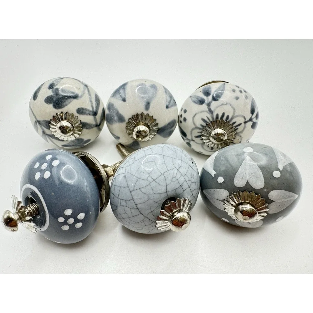 Blue Gray Ceramic Drawer Knobs‎ Set 6 Floral Cabinet Pulls Farmhouse Decor